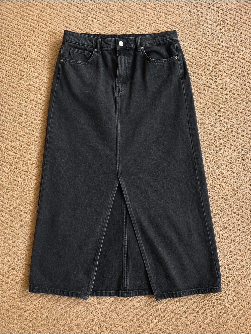 Mango Black Denim Midi Skirt with Front Slit